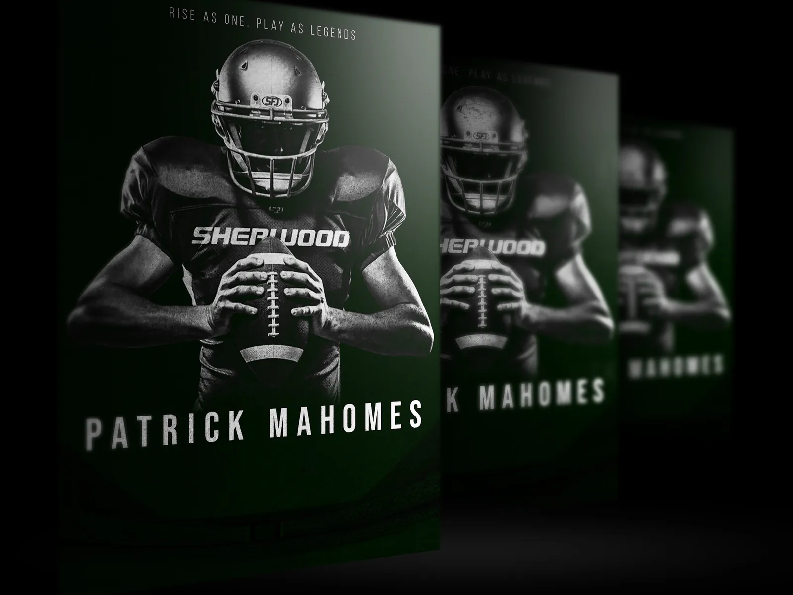 Sports poster of a football player in a helmet holding the ball, in black and white on dark green
